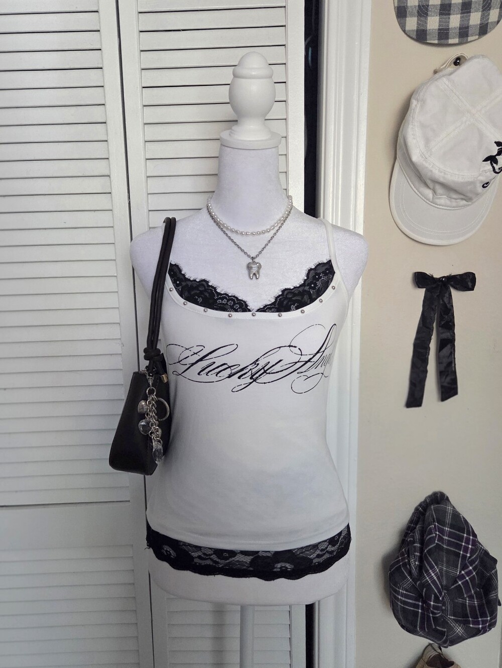 Y2k white & black lace tank top with rhinestone details